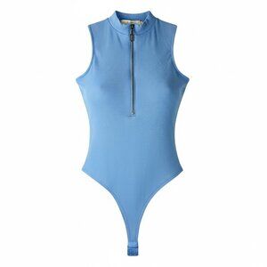 Blue Ribbed Sleeveless Bodysuit Mock Neck Front Zipper Size M Stretch